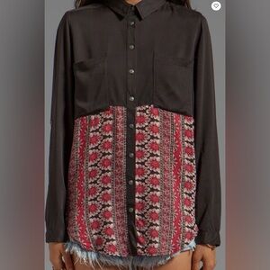 Free People Welcome to the Jungle Black And Red Floral Button Blouse